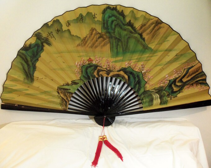 Asian Wall Fan Large Oriental 6 Ft Wide Extended Golds Greens Teals