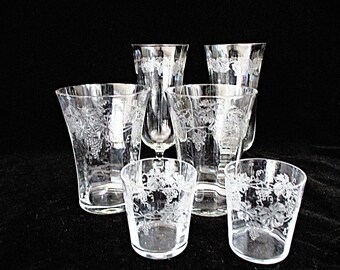 Depression Glassware, Set of 6, Parfaits, Juice Glasses, Shot Glasses, Clear with Grape Etchings