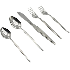 May include: A set of five silver-toned flatware pieces, including a knife, two spoons, and two forks. The flatware has a modern, minimalist design with a slightly curved handle.