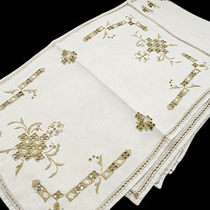 Embroidered Linen Dresser Scarves, Placemats, Cutwork Napkins, Ecru Doilies, Set of 8, Wedding Gift image 10