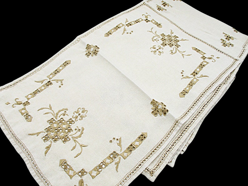 Embroidered Linen Dresser Scarves, Placemats, Cutwork Napkins, Ecru Doilies, Set of 8, Wedding Gift image 10