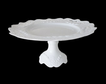 Large White Cake Pedestal or Stand, 13in Diameter, Reticulated Borders, Floral Accents, Excellent Condition, French Farmhouse Kitchen Decor