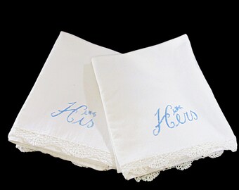 Pair of Embroidered Pillowcases, His and Hers, Blue Embroidery, Creamy White Linen Cotton Blend, Fits Queen Size Pillows