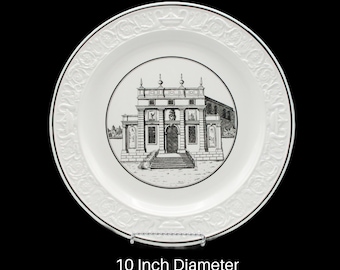 Mottahedeh Dinner Plate, Neoclassical Architectural Building, 10 Inch, Black on White, Made in Italy