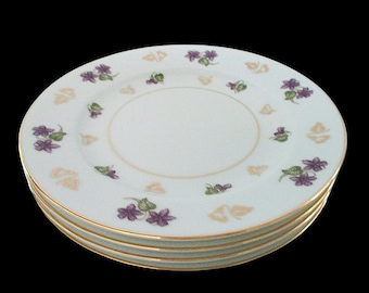 Bread Plates, Noritake Avalon 5150, African Violets, Tablescaping Plates, Gold Rim, Gold Accents, Set of 4, Replacement China