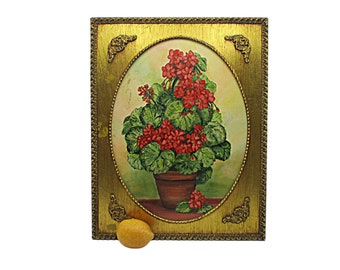 Original Oil Painting Red Geraniums, Gold Frame, 19 X 15 Inches, Farmhouse or French Country Wall Decor