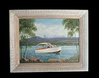 Original Oil Painting, Chris Craft Cabin Cruiser Boat, Signed and Framed, 1957 Chris Craft, Flybridge Sedan