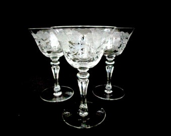 Tiffin Capri Sherry Glasses Cordials Liquors, Tiffin Passion Flower, Set of 3, Tiffin Franciscan Etched Stemware, Excellent Condition