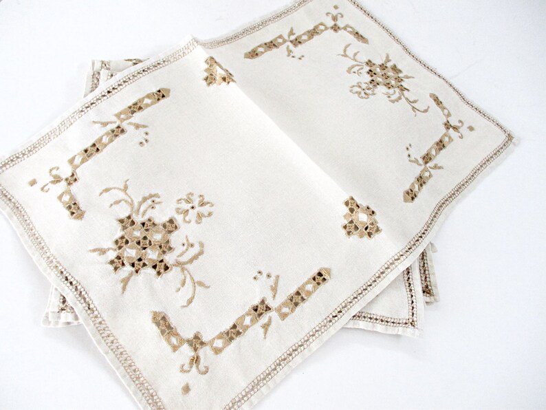 Embroidered Linen Dresser Scarves, Placemats, Cutwork Napkins, Ecru Doilies, Set of 8, Wedding Gift image 6