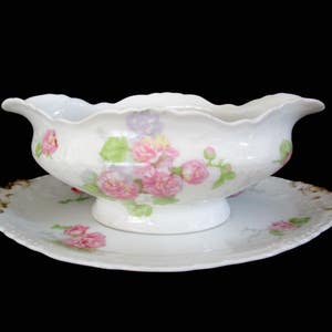 Antique Limoges Gravy Boat, Jean Pouyat, JPL Limoges, Pink Carnations, Pink Floral Limoges Gravy Boat and Under Plate, Vintage Gifts image 1