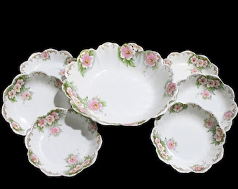 Antique Berry Set, Serving Bowl and 6 Small Bowls, 7pc Set, Scalloped Edges, Pink Florals, Dessert Set, Malmaison, Bavaria, Made in Germany