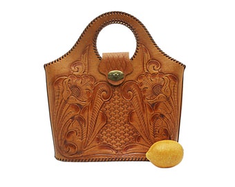 Hand Tooled Leather Purse, Southwest Western Bucket Bag, Purse, Southwestern Design, Heavily Tooled Leather