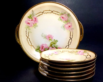 Prussia B Royal Rudolstadt Cake Plate and 6 Dessert Plates, Prussia Beyer and Bock 7 Pc Dessert Set, Pink Roses, 24kt Gold Trim, Early 1900s