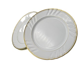 Fitz and Floyd, Orleans Blanc, Dinner Plates, Set of 4, White with Gold Trim, Scalloped Rims, Wedding Gift or Replacement Pieces, Exc Cond