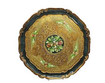 Florentine Tray, Hand Painted, Heavy Gold, Dark Green, Scalloped Edges, Floral Center, Wooden, Made in Italy