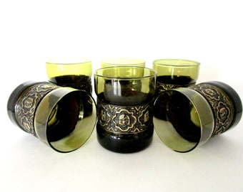 Mid Century Lowballs, Leather Bands, Green Whiskey Glasses, Old Fashioneds, Embossed Straps, Old World Barware, Set of 6, Great Condition