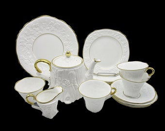 Royal Stafford Old English Oak Tea Set, Embossed White with Gold, 1930s