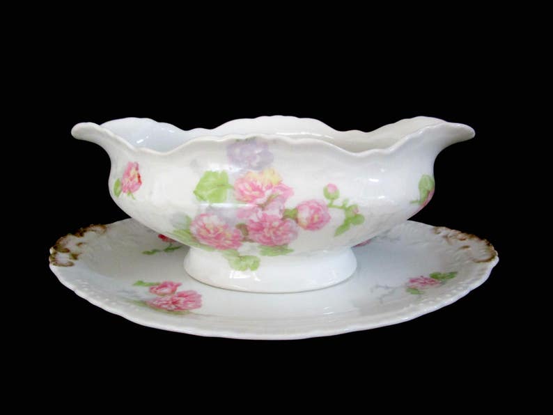 Antique Limoges Gravy Boat, Jean Pouyat, JPL Limoges, Pink Carnations, Pink Floral Limoges Gravy Boat and Under Plate, Vintage Gifts image 5