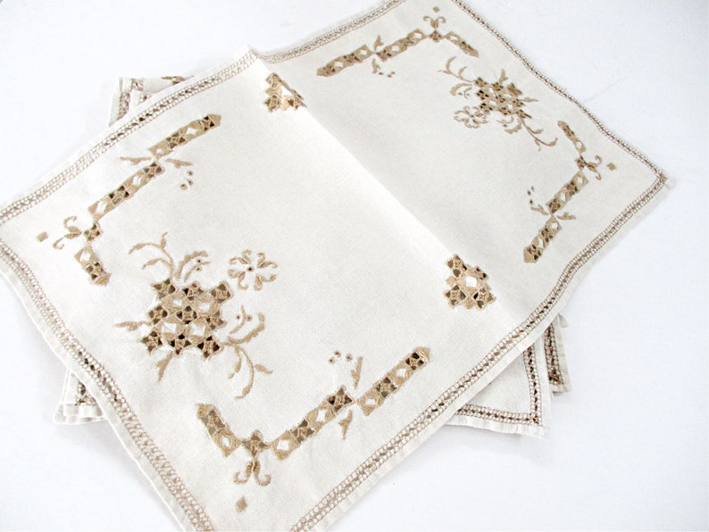 Embroidered Linen Dresser Scarves, Placemats, Cutwork Napkins, Ecru Doilies, Set of 8, Wedding Gift image 8