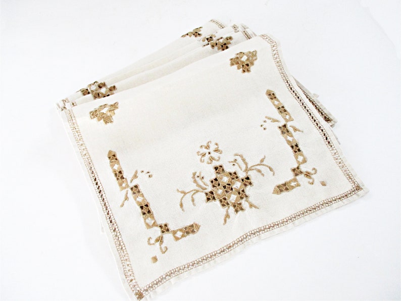 Embroidered Linen Dresser Scarves, Placemats, Cutwork Napkins, Ecru Doilies, Set of 8, Wedding Gift image 5