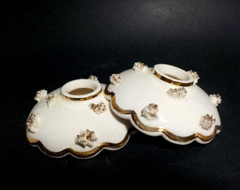 Candle Holders Mid Century, Holt Howard, Pair of Creamy White 22kt Gold Trim, Spaghetti Flower, Scalloped, Make Offer