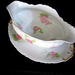 Antique Limoges Gravy Boat, Jean Pouyat, JPL Limoges, Pink Carnations, Pink Floral Limoges Gravy Boat and Under Plate, Vintage Gifts image 3