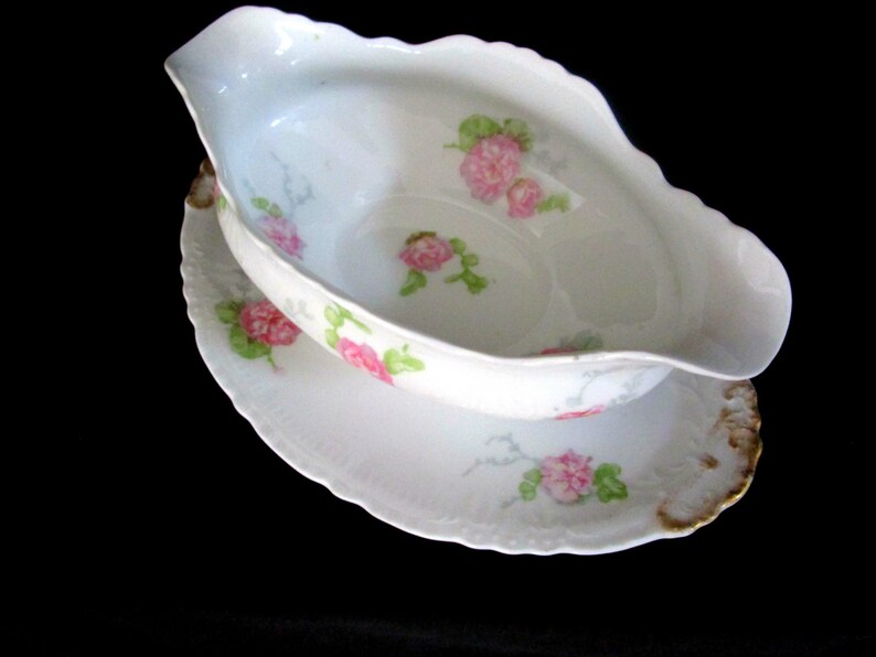 Antique Limoges Gravy Boat, Jean Pouyat, JPL Limoges, Pink Carnations, Pink Floral Limoges Gravy Boat and Under Plate, Vintage Gifts image 3