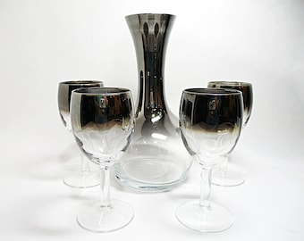 Vintage Wine Carafe and 4 Glasses, Silver Fade Decanter, Mid Century Barware, Silver Ombre, Wedding Gift