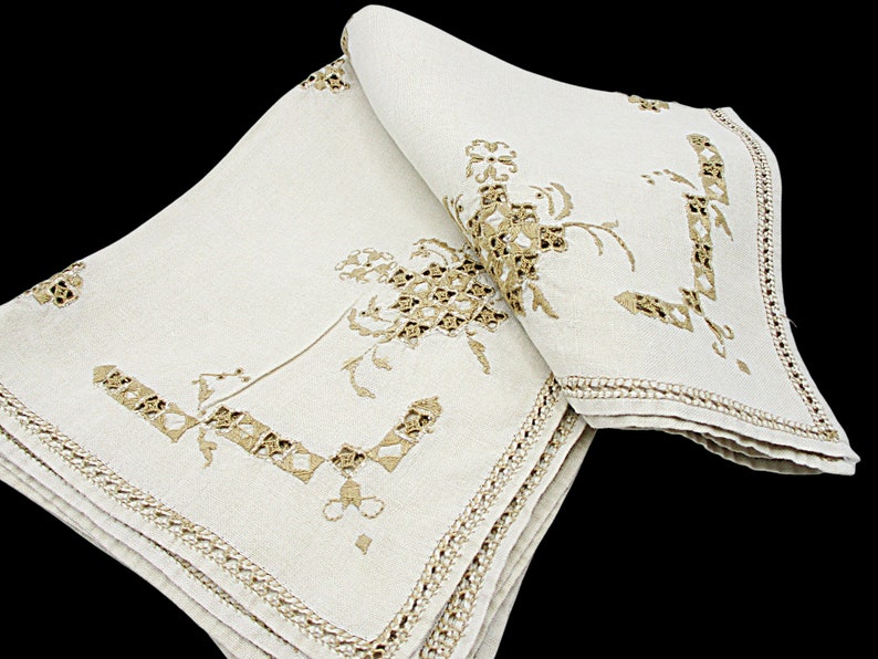 Embroidered Linen Dresser Scarves, Placemats, Cutwork Napkins, Ecru Doilies, Set of 8, Wedding Gift image 1