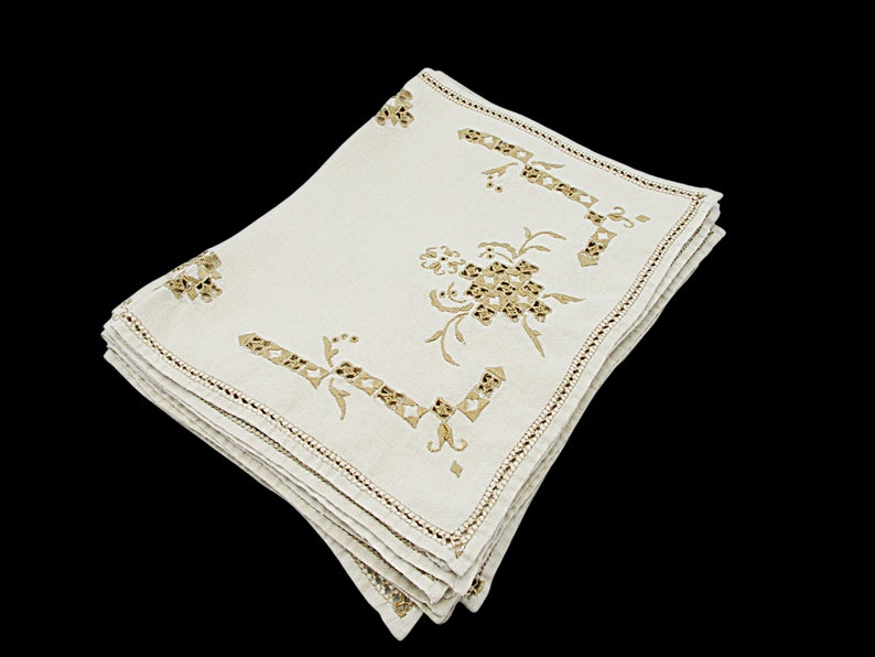 Embroidered Linen Dresser Scarves, Placemats, Cutwork Napkins, Ecru Doilies, Set of 8, Wedding Gift image 3