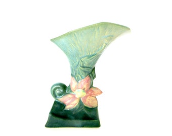 Roseville Pottery Vase, Clematis Cornucopia, Green Pink, American Art Pottery, Ohio Pottery