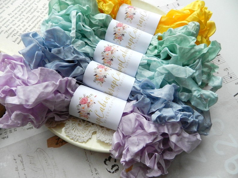 Seam Binding Set / Crinkled / 25 Yards / Curly Ribbon / Violet, Misty Blue, Sea Mist, Mint, Daisy / my scrap cabin shop / spring crafts image 2