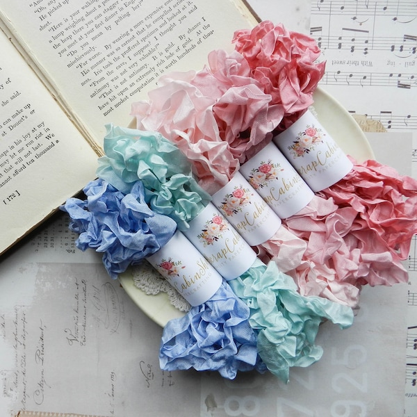 Seam Binding Set/ Crinkled / 25 Yards / Bundles / Curly Ribbon / Queen Blue, Sea Mist, Baby Pink, Dusty Pink, Caviar / my scrap cabin shop
