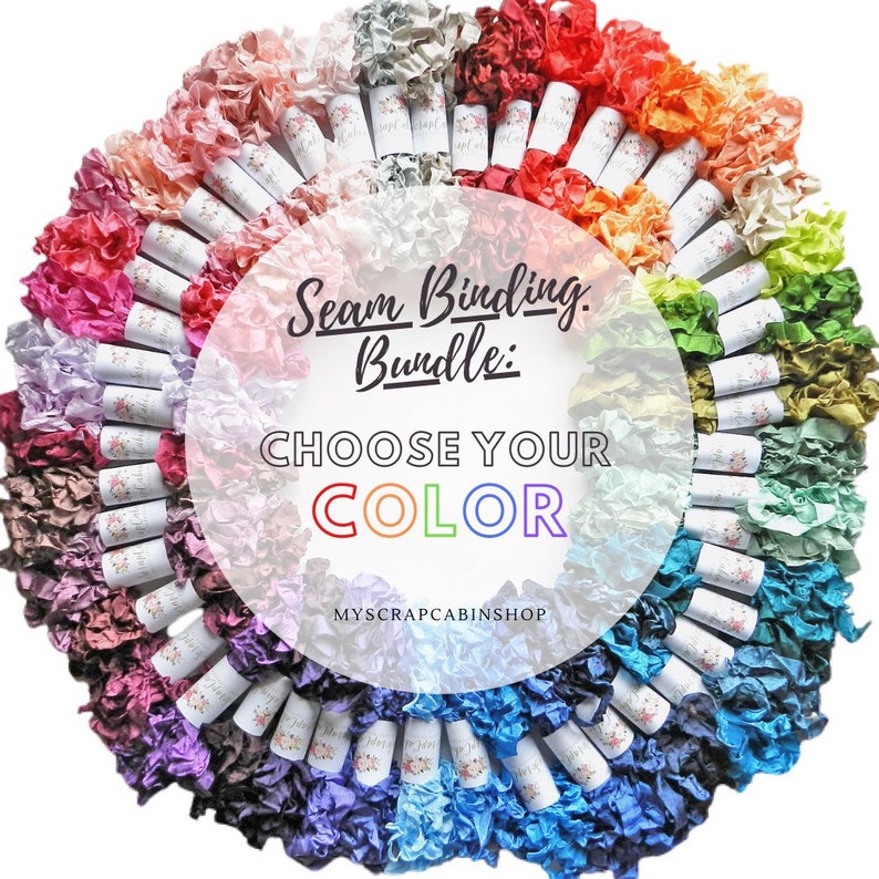 Seam Binding Bundle / Choose Your Color / 5 Yards / Hand Crinkled Seam Binding / Hug Snug Seam Binding / Seam Binding Crinkled / Gift Wrap 