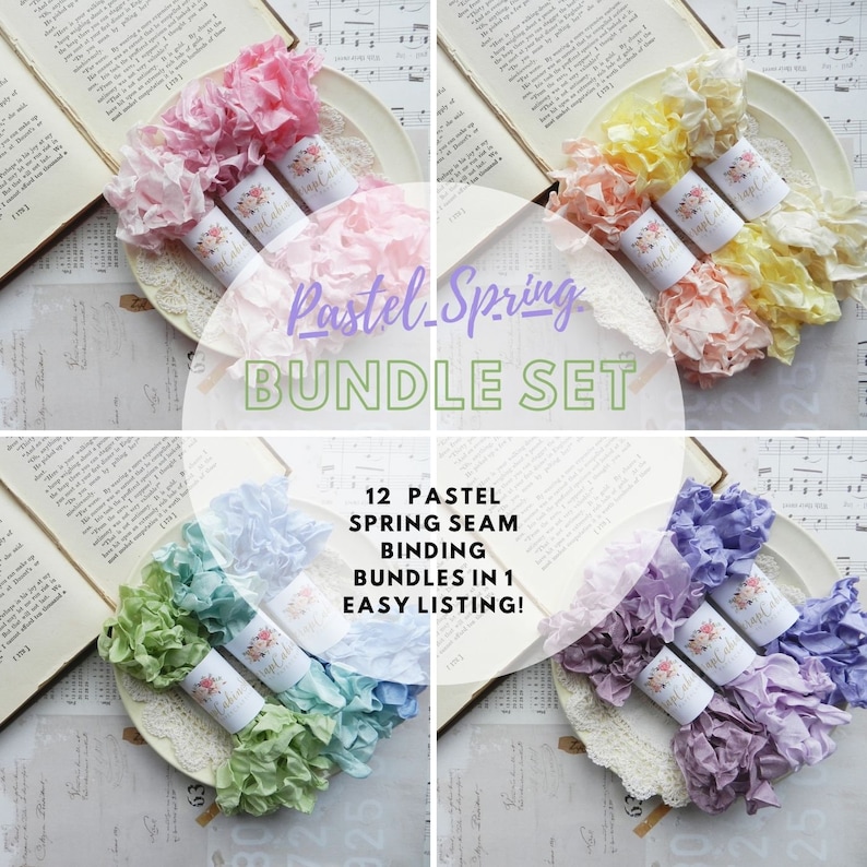 May include: A set of 12 pastel colored spring seam binding bundles. Each bundle is wrapped in a paper tube and tied with a ribbon. The bundles are arranged on a white plate with a book and sheet music in the background. The text "Pastel Spring Bundle Set" is written in a green font on a white background.