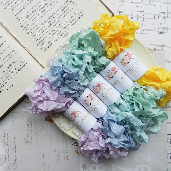 Seam Binding Set / Crinkled / 25 Yards / Curly Ribbon / Violet, Misty Blue, Sea Mist, Mint, Daisy / my scrap cabin shop / spring crafts