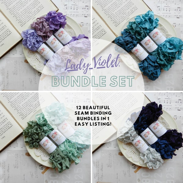 Seam Binding Set / Lady Violet / Crinkled / Ribbon Lot / Seam Tape / Rayon / Shabby / 60 Yards / Gift Ribbon / Garden Journal / myscrapcabin