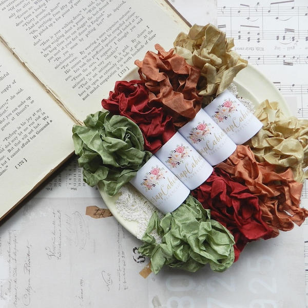 Crinkled Seam Binding Bundles / Crinkly Ribbon / 20 Yards / Moss, Basque, Burnt Orange, Sandstone / Junk Journal Accessories / Fall Ribbon