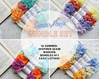 NEW! Summer Days Seam Binding Set / 16 Bundles / Hand Crinkled / 80 Yards / DIY Crafts / Ribbon Lot / My Scrap Cabin / Journal Accessories