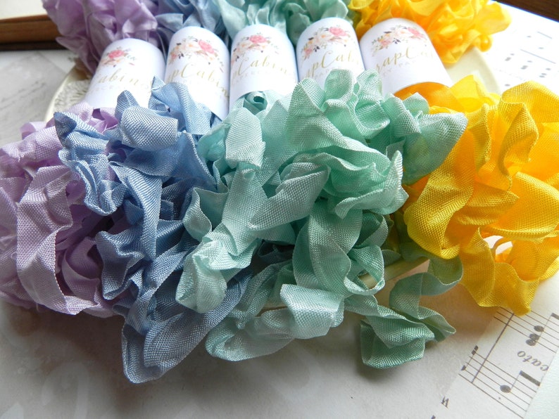 Seam Binding Set / Crinkled / 25 Yards / Curly Ribbon / Violet, Misty Blue, Sea Mist, Mint, Daisy / my scrap cabin shop / spring crafts image 3