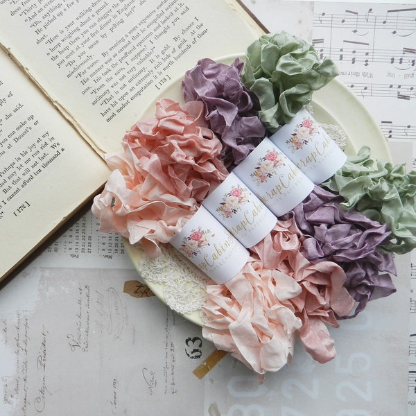 Seam Binding Bundle Set / Hug Snug / Crinkly / Hand Crinkled / 20 Yards / Cameo, Rose Petal, Mauve, Sea Moss / Spring Junk Journal