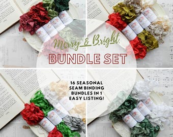 Seam Binding Set / Merry and Bright / Crinkled / Seam Binding Lot / Ribbon Set / Rayon / Shabby / 80 Yards / Winter Crafts / Junk Journal