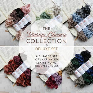 May include: The Vintage Library Collection Deluxe Set features 24 crinkled seam binding ribbon bundles in various colors, including shades of brown, pink, green, blue, red, and black, each secured with a white label featuring floral graphics.