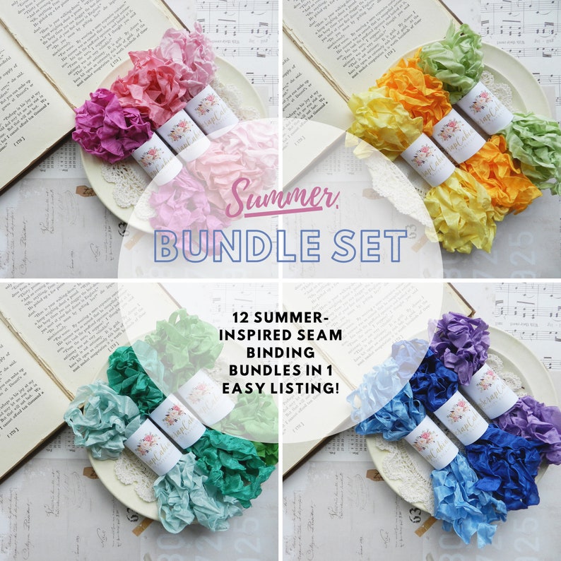 May include: A set of 12 summer-inspired seam binding bundles in a variety of colors, including pink, yellow, green, purple, and blue. The bundles are arranged on white plates with lace trim and are displayed against a background of books and sheet music.  12 SUMMER-INSPIRED SEAM BINDING BUNDLES IN 1 EASY LISTING!