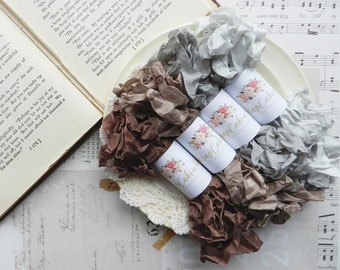 Seam Binding Bundles / Vintage Crafts / Crinkly / Scrunched Ribbon / Milk Chocolate, Light Mink, Coconut Gray, Silver / my scrap cabin shop