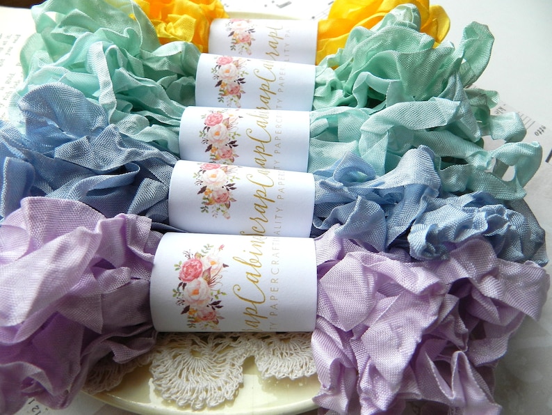 Seam Binding Set / Crinkled / 25 Yards / Curly Ribbon / Violet, Misty Blue, Sea Mist, Mint, Daisy / my scrap cabin shop / spring crafts image 6