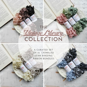 May include: A curated set of 12 crinkled seam binding ribbon bundles labeled The Vintage Library Collection. The ribbons are arranged in four circular groups on plates, featuring various colors including black, brown, pink, green, blue, and cream.