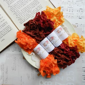 May include: A collection of colorful ribbons in shades of orange, yellow, and burgundy, arranged on a cream-colored plate. The ribbons are ruffled and textured, with a few rolls of ribbon labeled "Scrap Cabin". The background includes an open book and sheet music.