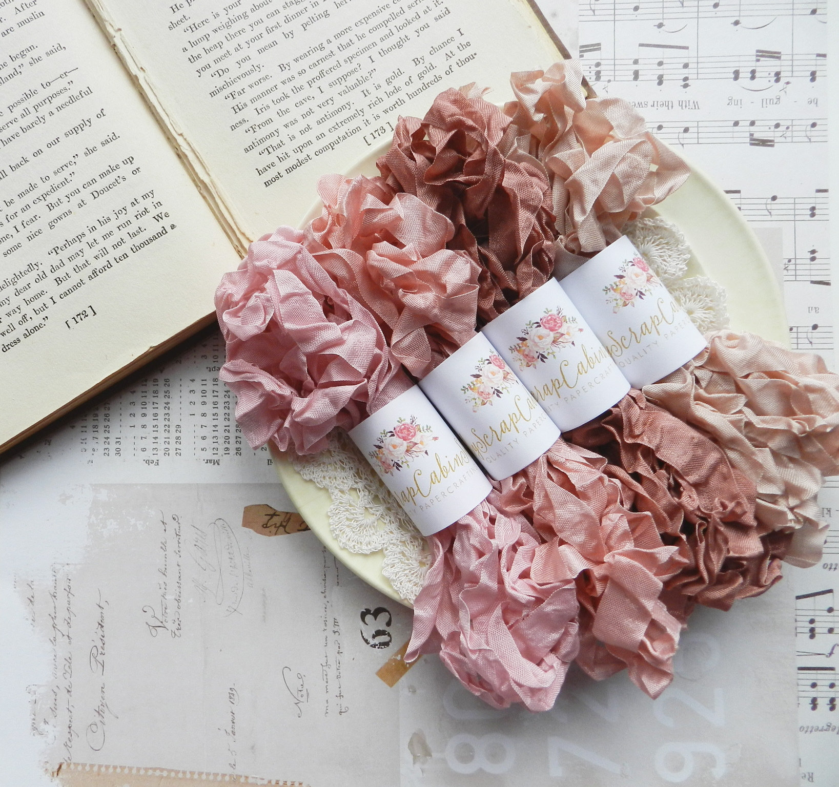 Seam Binding Lot / Crinkled Seam Binding / 20 Yards / Hug Snug / Dusty Pink, Rose Petal, Victorian, Vintage / Ribbon / Crinkly / Shabby