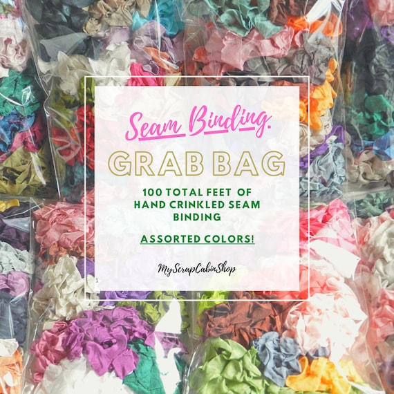 Seam Binding Grab Bag / 100 Feet / Hand Crinkled Seam Binding / Crinkly Seam Binding / Seam Binding Lot / Mystery Bag / Ribbon Assortment